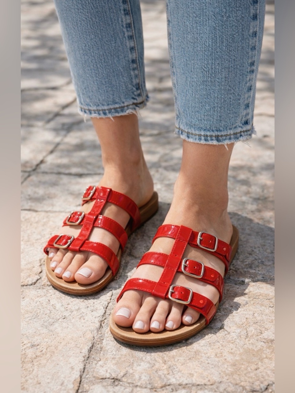 Vionic Red Patent Triple-Buckle Slide Misa Red Triple
Strap Sandals Size 8
